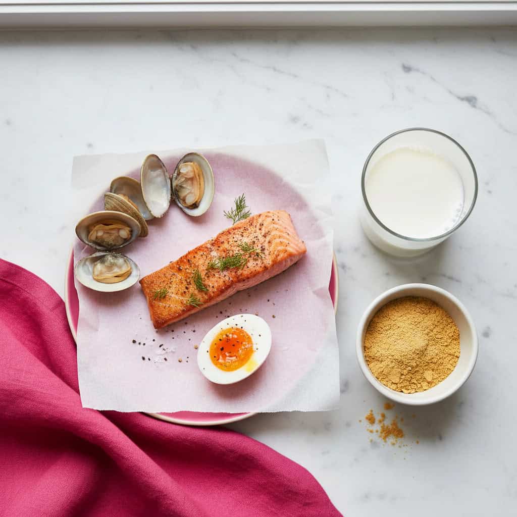 Flat-lay of vitamin B12-rich foods including salmon, clams, eggs, and fortified milk on a white surface with hot pink styling accents.