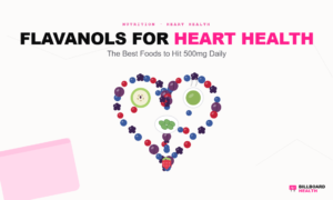 Flat-lay arrangement of flavanol-rich foods including plums, blackberries, cranberries, blueberries, green tea, and apples forming a heart shape on white background