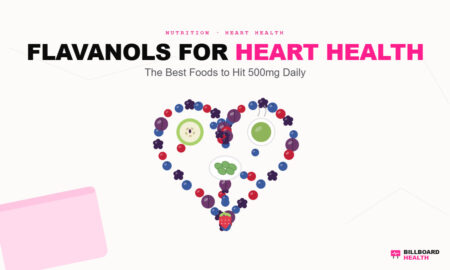 Flat-lay arrangement of flavanol-rich foods including plums, blackberries, cranberries, blueberries, green tea, and apples forming a heart shape on white background