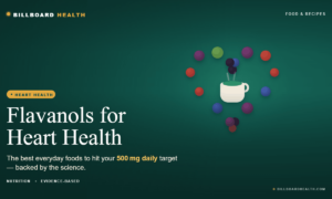 Flat-lay arrangement of flavanol-rich foods including plums, blackberries, cranberries, blueberries, green tea, and apples forming a heart shape on white background