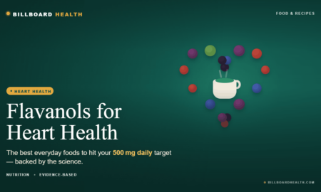Flat-lay arrangement of flavanol-rich foods including plums, blackberries, cranberries, blueberries, green tea, and apples forming a heart shape on white background