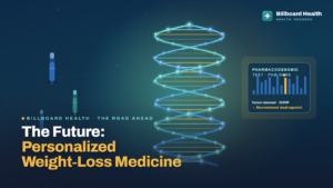 Illustration of DNA strand connecting to personalized medicine and pharmacogenomic testing for weight loss treatment
