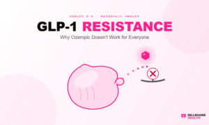GLP-1 resistance illustration showing a blocked hormone signal pathway in the human digestive system