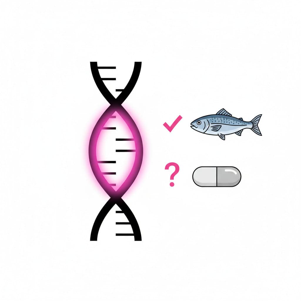 Scientific illustration of the APOE4 gene variant highlighted on a DNA strand, with whole fish and capsule icons representing different DHA sources.
