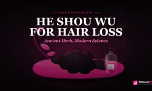 He Shou Wu root and extract bottle on white surface with DNA helix symbolizing ancient Chinese medicine validated by modern science