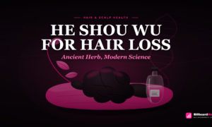 He Shou Wu root and extract bottle on white surface with DNA helix symbolizing ancient Chinese medicine validated by modern science