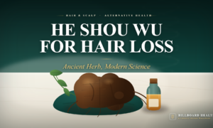 He Shou Wu root and extract bottle on white surface with DNA helix symbolizing ancient Chinese medicine validated by modern science