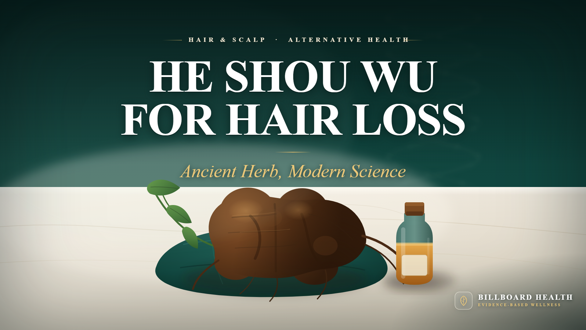 He Shou Wu root and extract bottle on white surface with DNA helix symbolizing ancient Chinese medicine validated by modern science