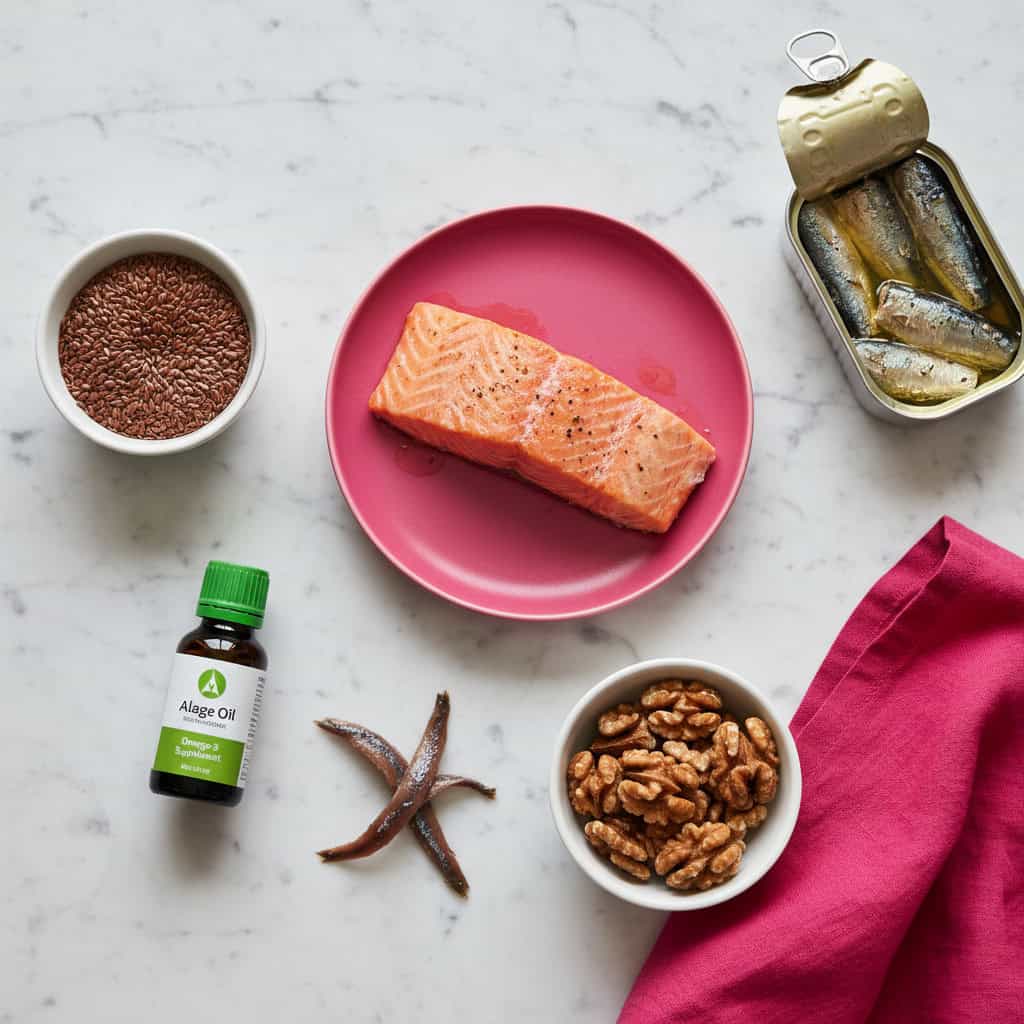 Flat-lay of omega-3-rich foods including wild salmon, sardines, walnuts, anchovies, and flaxseed on a white surface with hot pink styling accents.