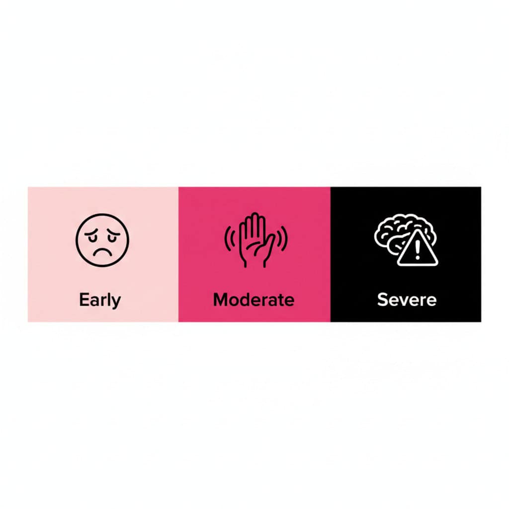 Chart showing vitamin B12 deficiency symptoms from mild fatigue to severe neurological damage.
