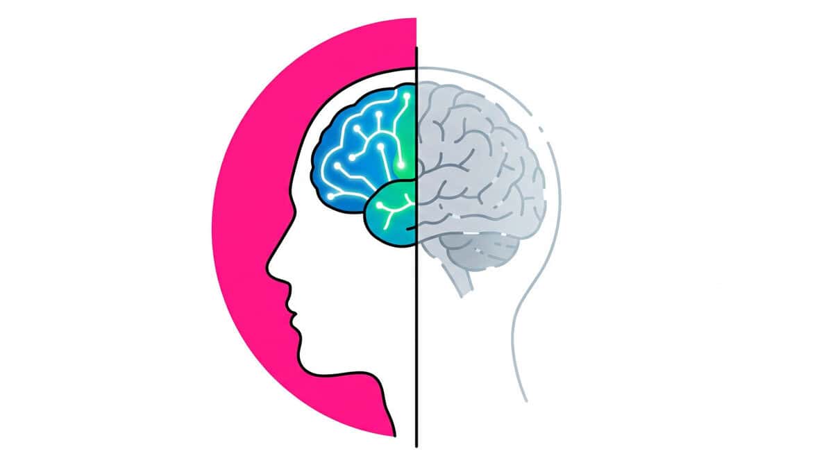 Illustration of a human brain split between sharp focus and fading detail, representing vitamin B12 deficiency symptoms mistaken for aging.