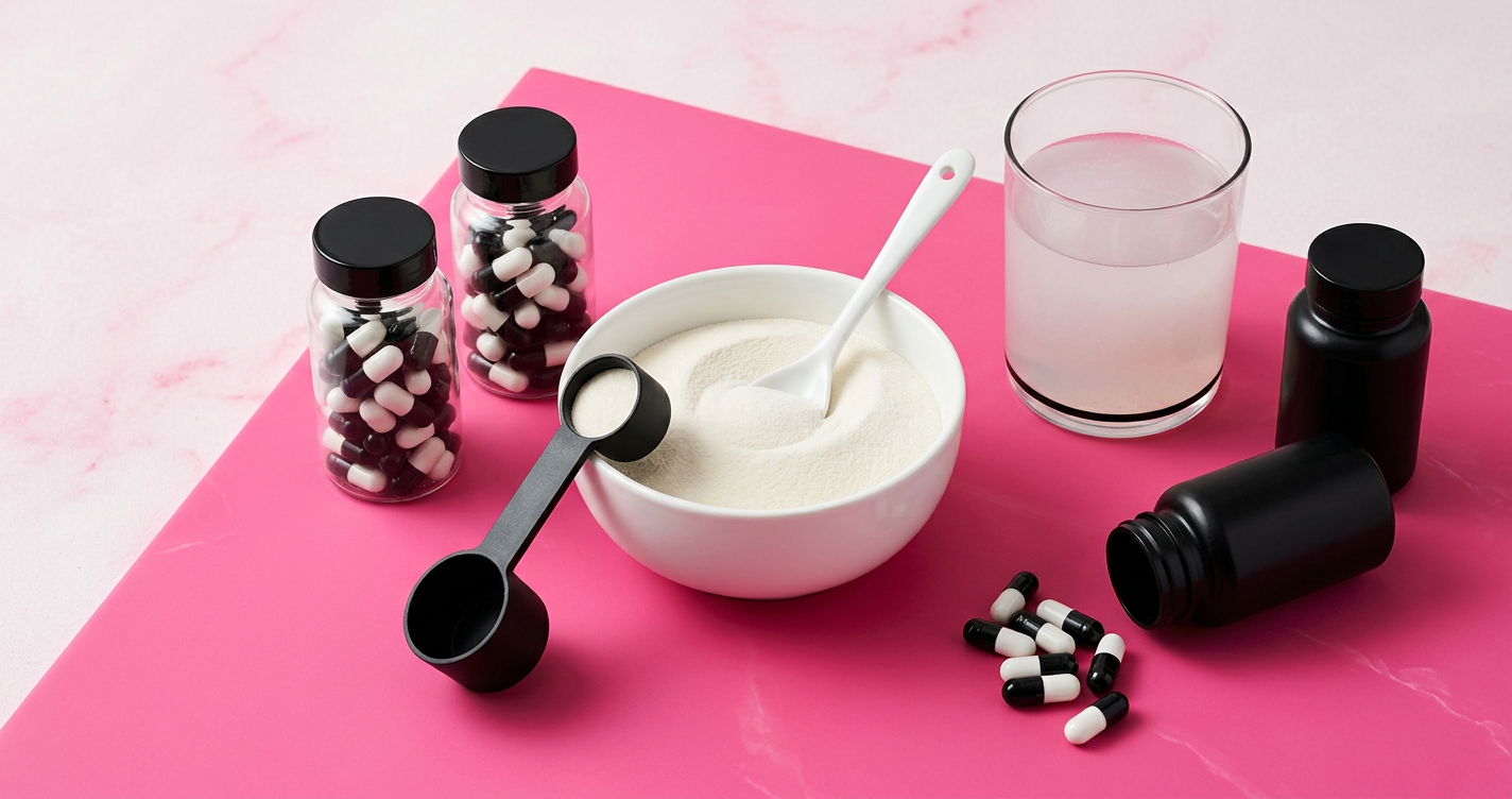 Collagen supplement powder, capsules, and dissolved collagen drink arranged on a teal surface representing the 2026 collagen study findings