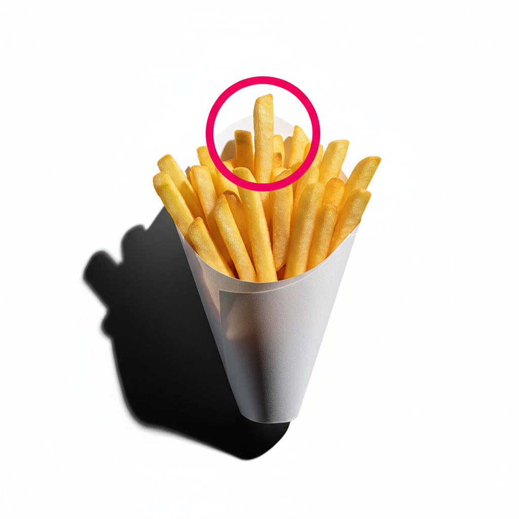 Golden french fries highlighted with a pink ring graphic representing the Harvard BMJ study on french fries and type 2 diabetes risk