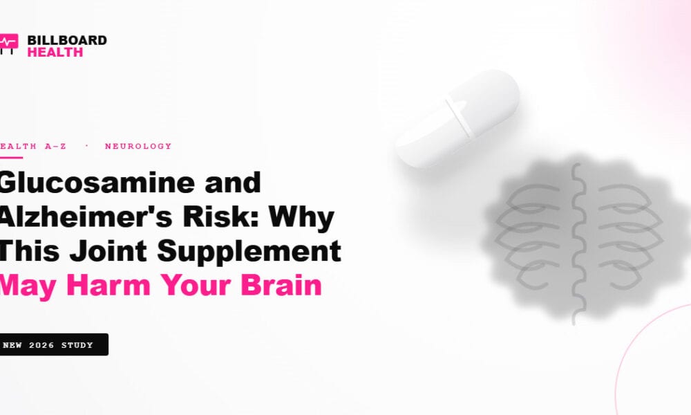Glucosamine supplement capsule with brain-shaped shadow representing the 2026 Nature Metabolism study linking glucosamine to Alzheimer's risk