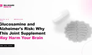 Glucosamine supplement capsule with brain-shaped shadow representing the 2026 Nature Metabolism study linking glucosamine to Alzheimer's risk