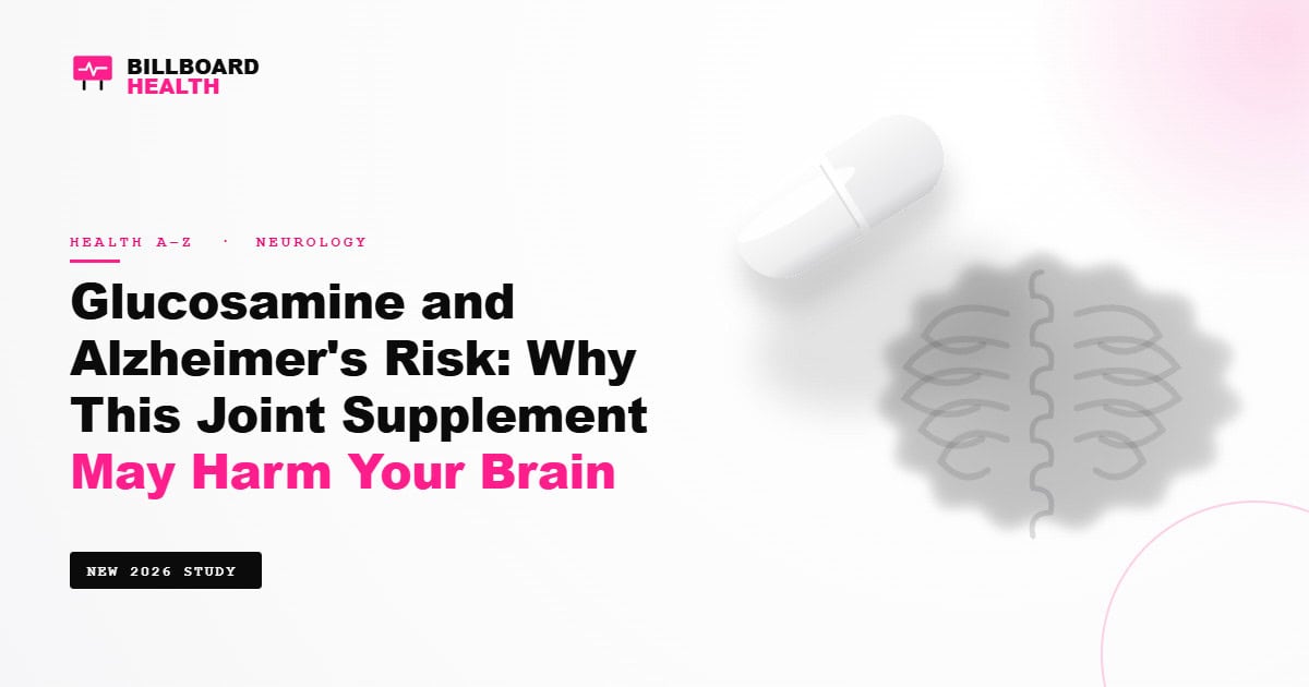 Glucosamine supplement capsule with brain-shaped shadow representing the 2026 Nature Metabolism study linking glucosamine to Alzheimer's risk