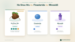 He Shou Wu for Hair Loss: The 1,000-Year-Old Chinese Herb Science Now Backs (2026 Review) Side-by-side comparison of He Shou Wu, Finasteride, and Minoxidil showing number of hair loss mechanisms each treatment targets
