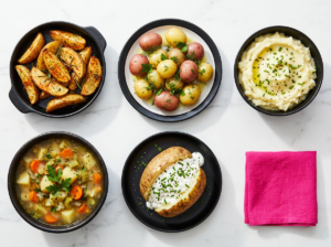 Five healthy potato recipes including roasted, boiled, mashed, soup, and baked preparations that avoid the diabetes risk linked to french fries