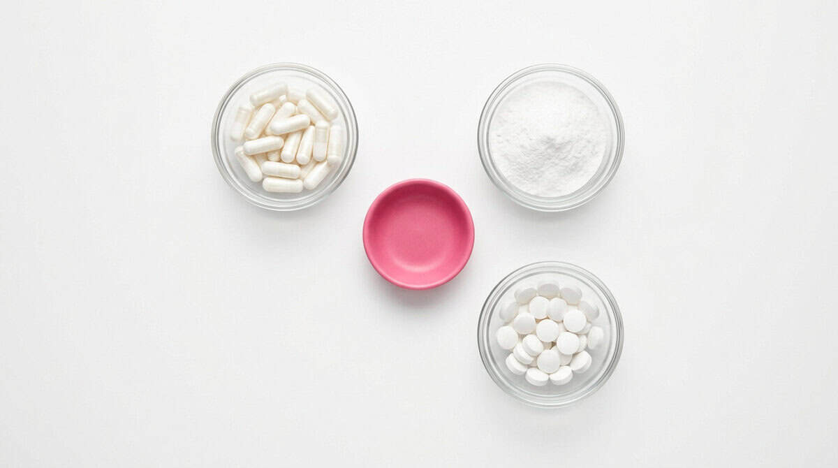 Magnesium supplement capsules and powder arranged for a 2026 sleep and anxiety guide
