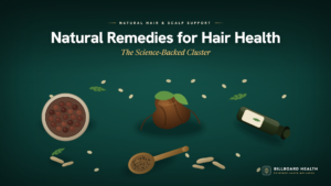 He Shou Wu for Hair Loss: The 1,000-Year-Old Chinese Herb Science Now Backs (2026 Review) Flat-lay of natural remedies including He Shou Wu, saw palmetto, pumpkin seeds, oregano oil, black seed, and ashwagandha on teal background