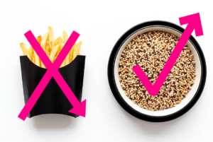 Side-by-side comparison of french fries versus whole grains as a diabetes-conscious food swap recommended by Harvard researchers 