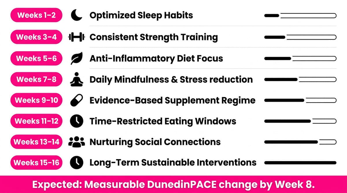 Eight-week biological aging reduction protocol showing progressive lifestyle interventions from sleep optimization through exercise, diet, stress reduction, micronutrient support, fasting, and social connection.