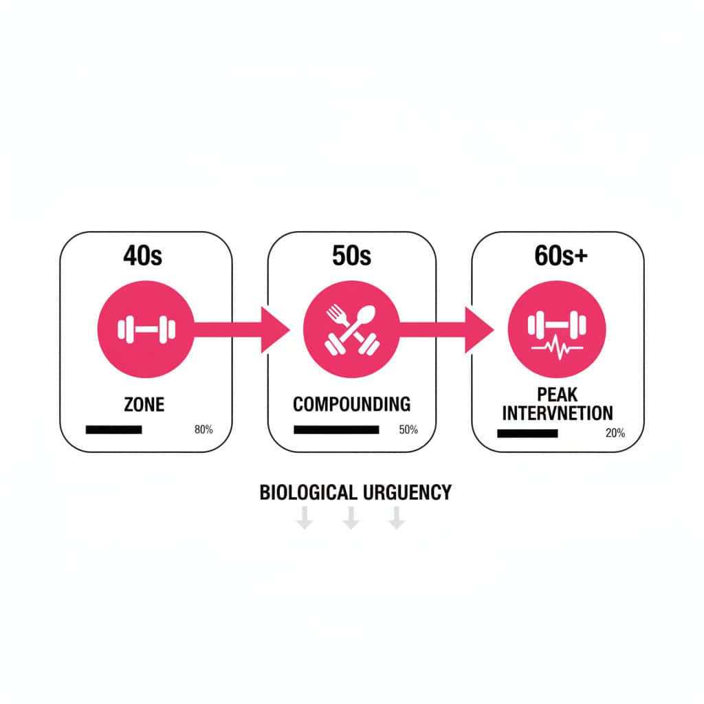 Age-specific belly fat strategy timeline showing the 40s as the ideal intervention window, the 50s as hormonal compounding, and the 60s as the peak risk and muscle preservation phase.