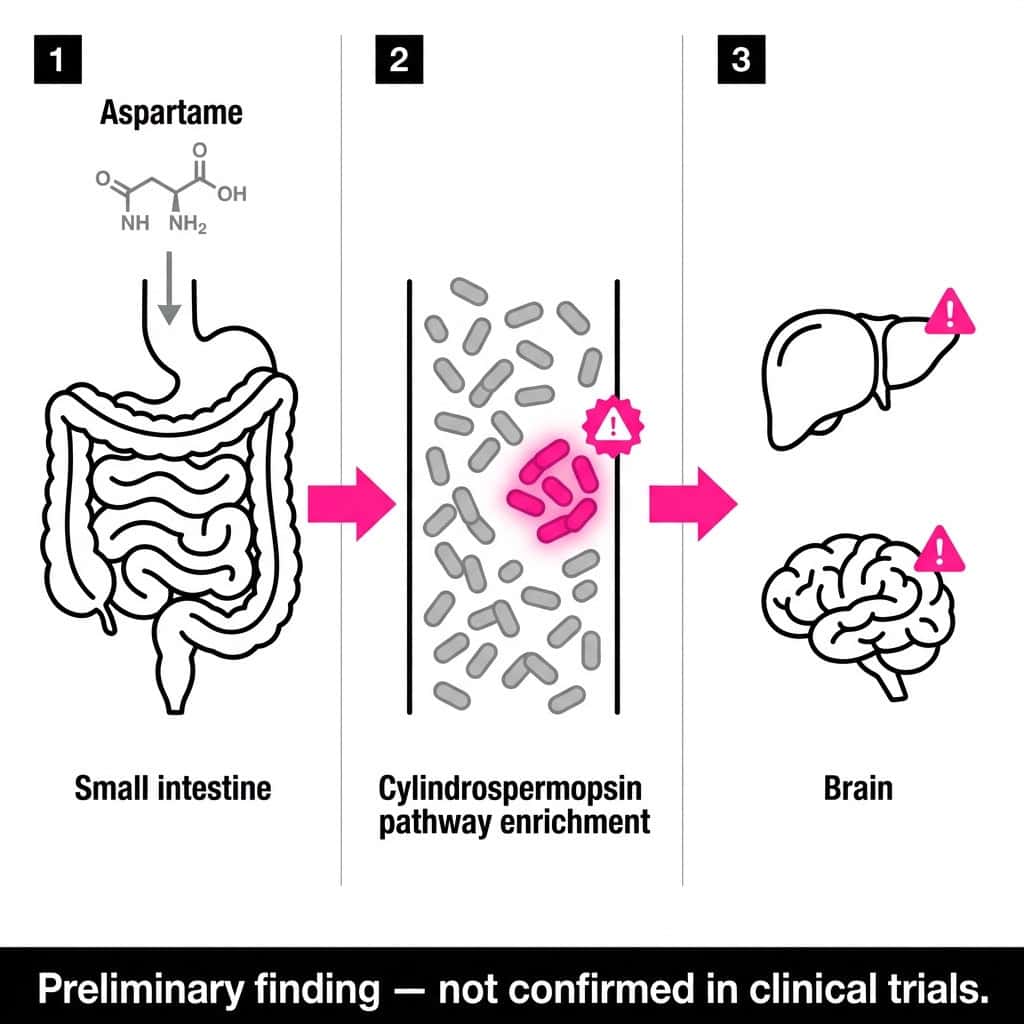 Are Artificial Sweeteners Safe? What 2026's Most Comprehensive Science Really Shows Three-panel diagram showing aspartame's pathway through the small intestine to gut bacteria enrichment of the cylindrospermopsin toxin metabolic pathway, based on Cedars-Sinai ENDO 2026 research.