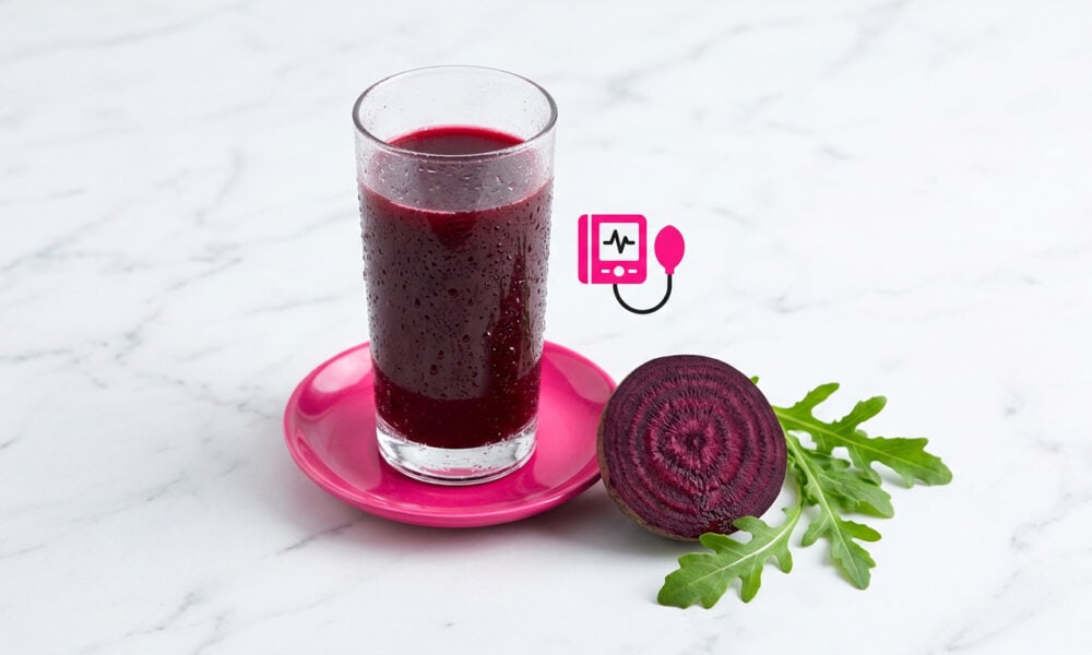Chart showing beetroot juice benefits including 45% higher nitrite production and blood pressure reduction from King's College London 2026 study