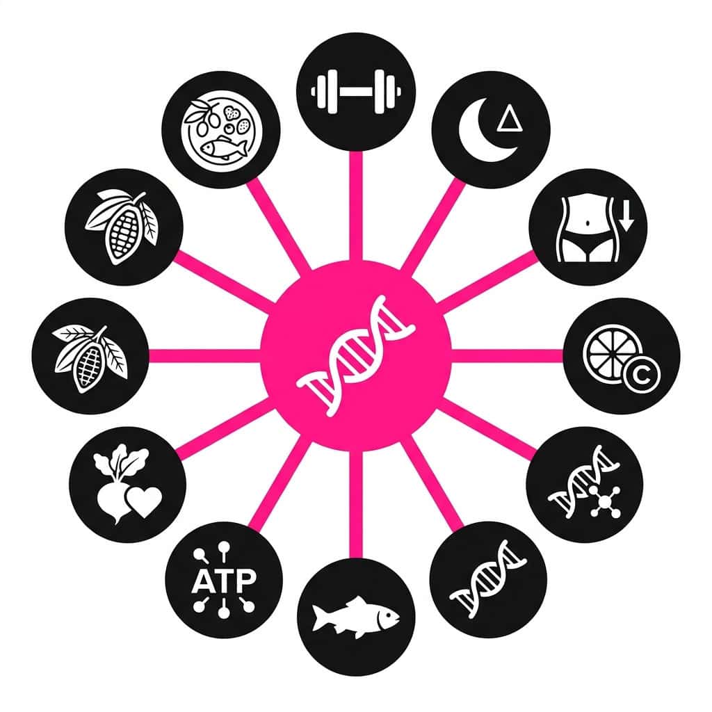 Hub-and-spoke diagram showing all BillboardHealth 2026 health interventions — strength training, deep sleep, belly fat reduction, vitamins, omega-3, creatine, beetroot, flavanols, and Mediterranean diet — connecting to the central goal of how to slow biological aging.