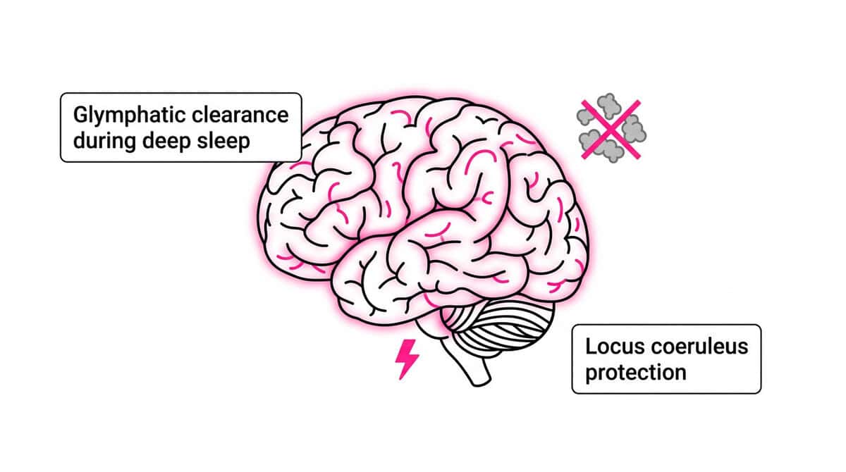 Brain illustration showing glymphatic amyloid clearance during deep sleep and locus coeruleus protection, connecting deep sleep to Alzheimer's and Parkinson's disease prevention.