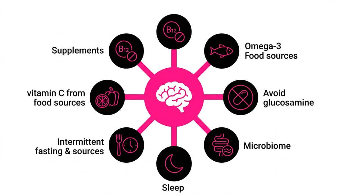 Vitamin C and Brain Health: New 2026 Study of 2,000 People Reveals the Gray Matter Connection Hub-and-spoke infographic showing seven evidence-backed brain health habits including vitamin C from food, vitamin B12, dietary fish, sleep optimization, gut health, and intermittent fasting.