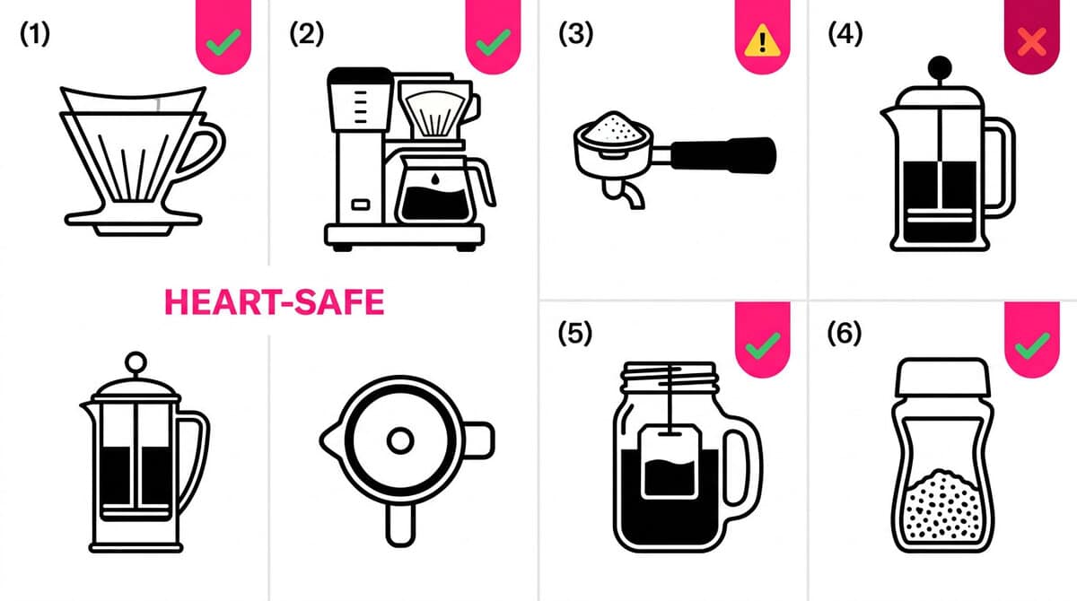 Six-panel brewing methods comparison showing pour-over and drip coffee as optimal for heart health, French press as high in LDL-raising cafestol, and all methods providing NR4A1 polyphenol benefits.