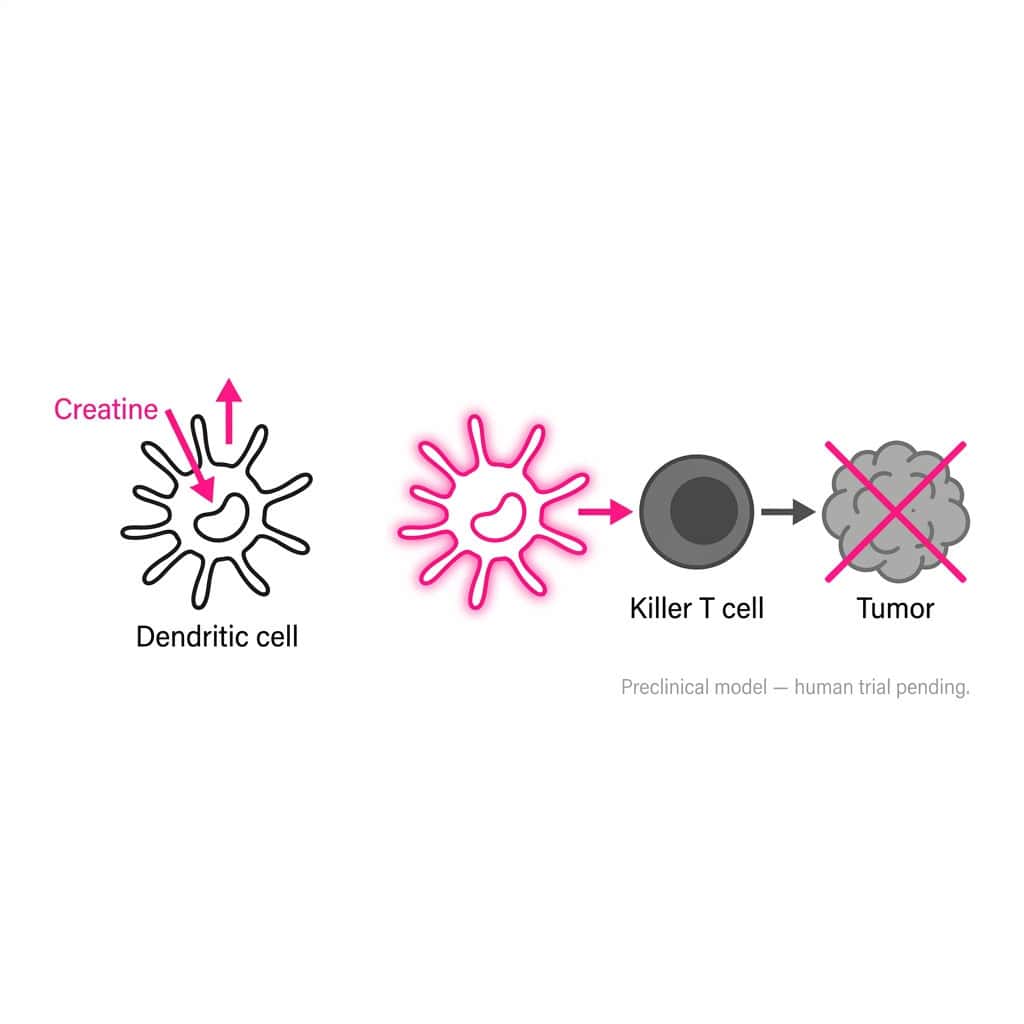 Creatine Benefits Beyond Muscle: The 2026 UCLA Cancer Discovery That Changes Everything Two-stage immune cascade diagram showing how creatine activates dendritic cells, which then train killer T cells to attack tumors, based on the 2026 UCLA iScience study."
