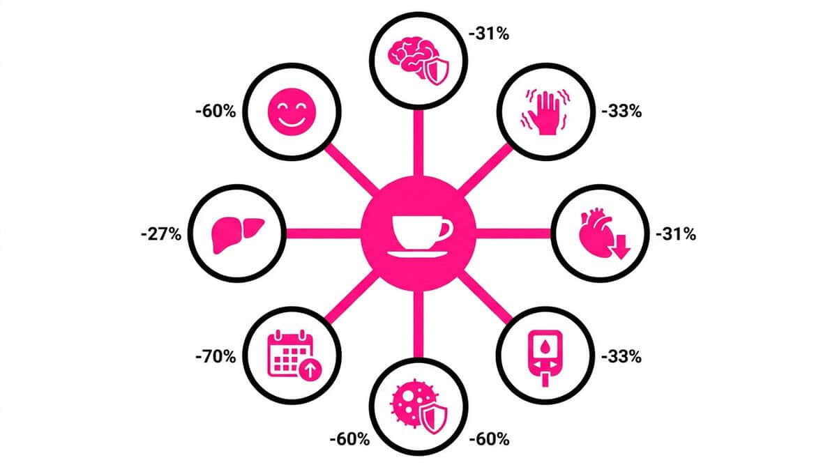Radial wheel diagram showing coffee's disease prevention evidence across eight conditions: Alzheimer's, Parkinson's, heart disease, type 2 diabetes, cancer, liver disease, longevity, and depression.