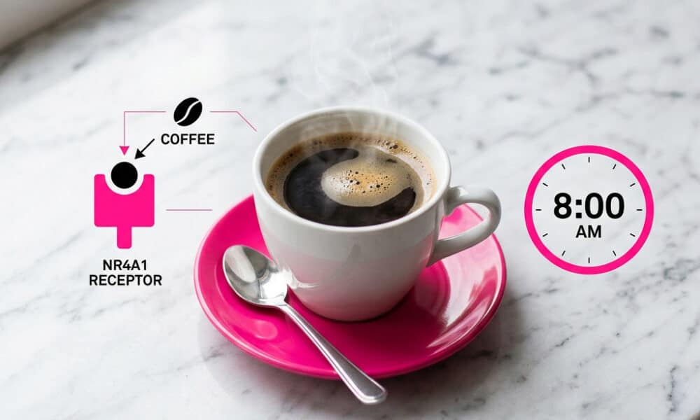 Infographic showing coffee and health benefits including NR4A1 receptor activation, 31% lower heart disease death risk, and 30–60% lower Parkinson's disease risk from 2026 studies.