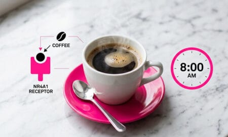 Infographic showing coffee and health benefits including NR4A1 receptor activation, 31% lower heart disease death risk, and 30–60% lower Parkinson's disease risk from 2026 studies.