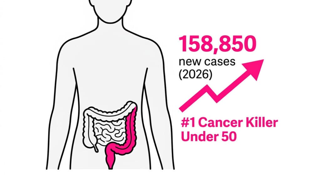 Infographic showing colorectal cancer in young adults warning signs and 2026 statistics including 3% annual rise in ages 20–49 and 158,850 estimated new US cases