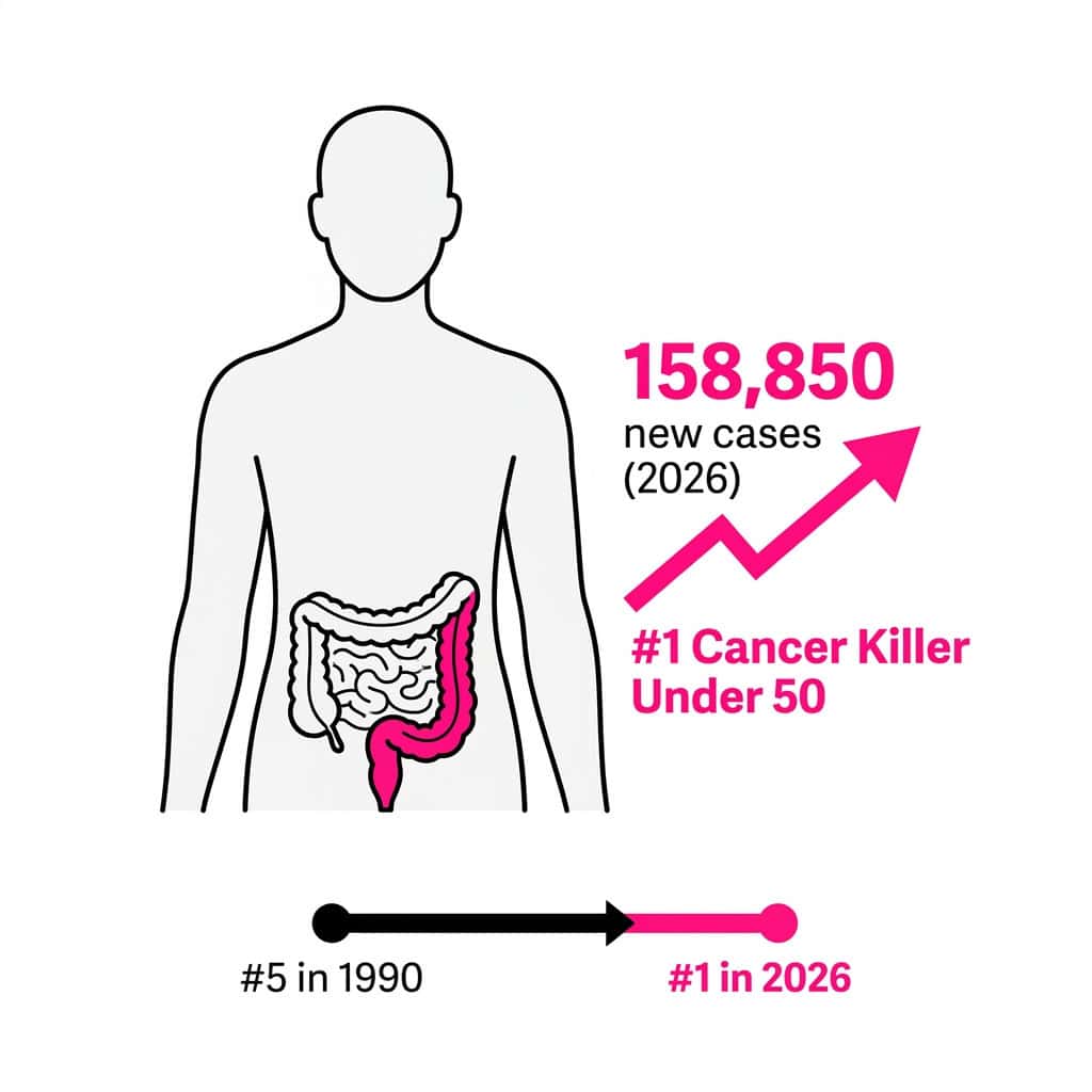 Infographic showing colorectal cancer in young adults warning signs and 2026 statistics including 3% annual rise in ages 20–49 and 158,850 estimated new US cases