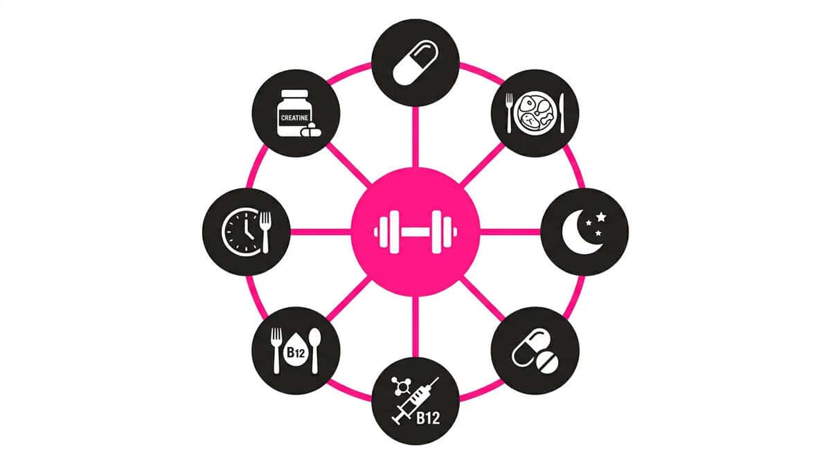 Hub-and-spoke diagram showing six strategies that maximize strength training benefits: creatine, protein intake, deep sleep, magnesium, vitamin B12, and intermittent fasting.