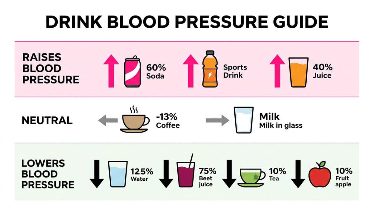 Sugary Drinks and High Blood Pressure: The 25-Year Harvard Study Every Parent Needs to Read Complete drink blood pressure guide showing soda, sports drinks, and fruit juice raising blood pressure risk while water, beetroot juice, green tea, and whole fruit are protective or neutral."