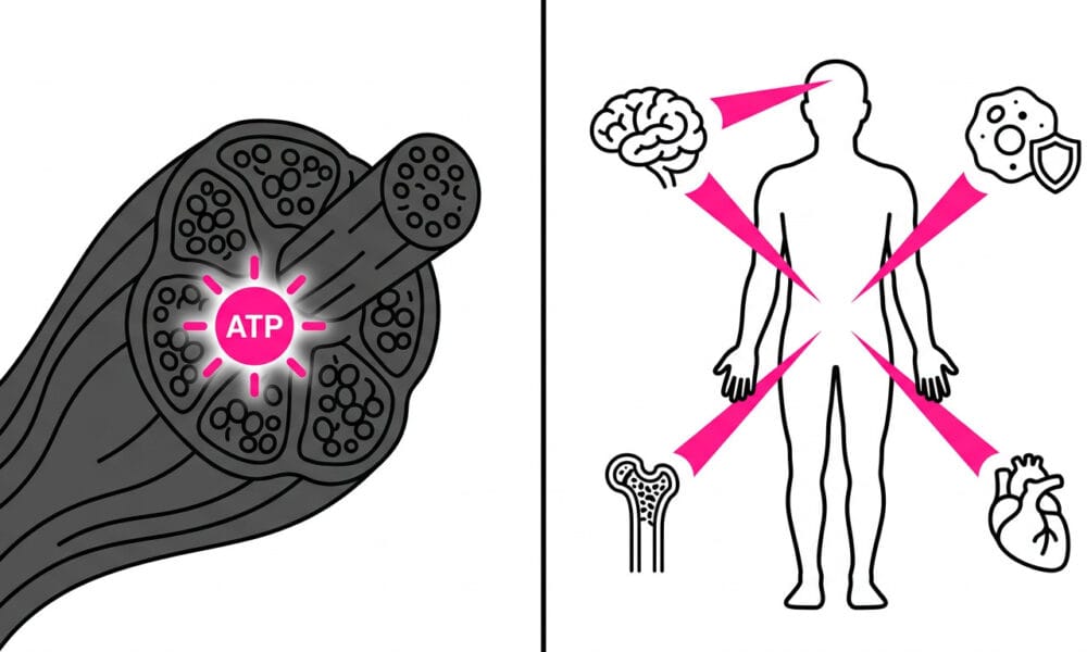Infographic showing creatine benefits beyond muscle including cancer immunity, brain health, bone density, and aging support based on 2026 UCLA iScience study.