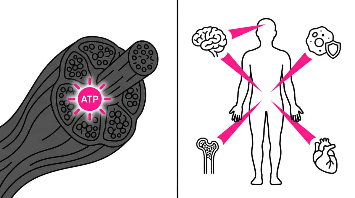 Infographic showing creatine benefits beyond muscle including cancer immunity, brain health, bone density, and aging support based on 2026 UCLA iScience study.