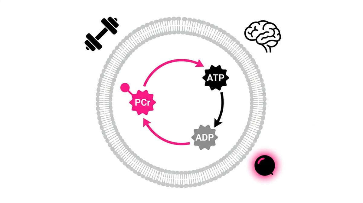 Creatine Benefits Beyond Muscle: The 2026 UCLA Cancer Discovery That Changes Everything Creatine cellular energy cycle showing phosphocreatine regenerating ATP in muscle, brain, and immune cells."