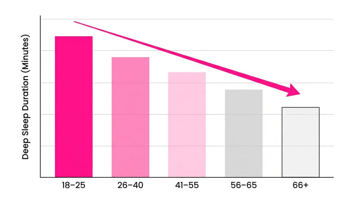 Bar chart showing deep sleep duration declining with age from 90–120 minutes in young adults to as little as 5–20 minutes in adults over 65.