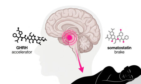 Diagram of deep sleep benefits showing hypothalamus GHRH-somatostatin circuit releasing growth hormone during slow-wave sleep.