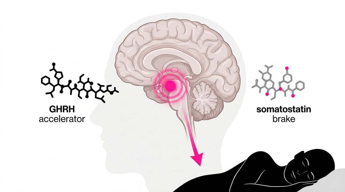 Diagram of deep sleep benefits showing hypothalamus GHRH-somatostatin circuit releasing growth hormone during slow-wave sleep.