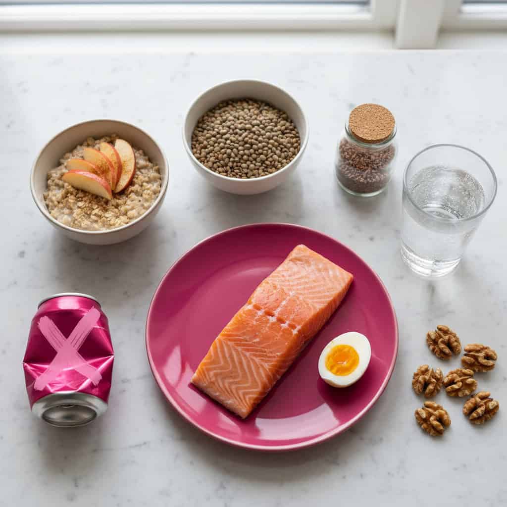 Flat-lay of foods that target visceral belly fat including oats, lentils, salmon, eggs, and flaxseed, with a crossed-out processed snack representing what to avoid.