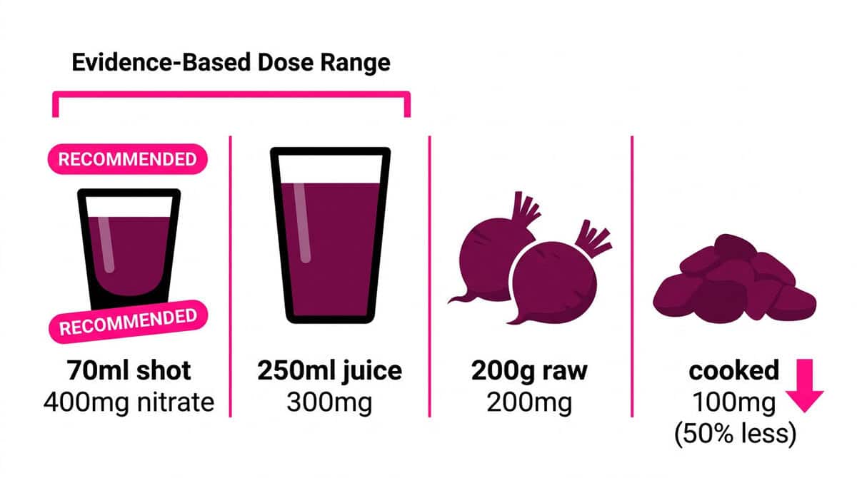 Beetroot juice dosage comparison showing nitrate content from concentrated shots, whole juice, raw beets, and cooked beetroot."