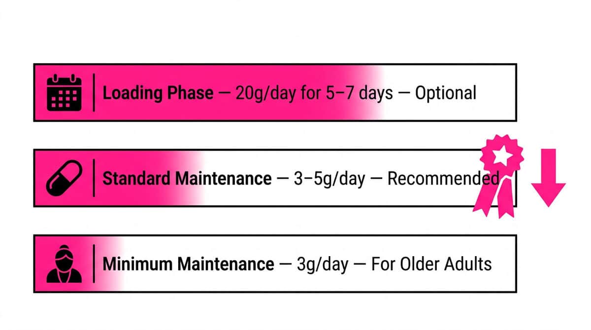 Creatine Benefits Beyond Muscle: The 2026 UCLA Cancer Discovery That Changes Everything Creatine dosage guide showing the optional loading phase at 20g daily, standard maintenance at 3–5g daily, and minimum maintenance for older adults at 3g daily.